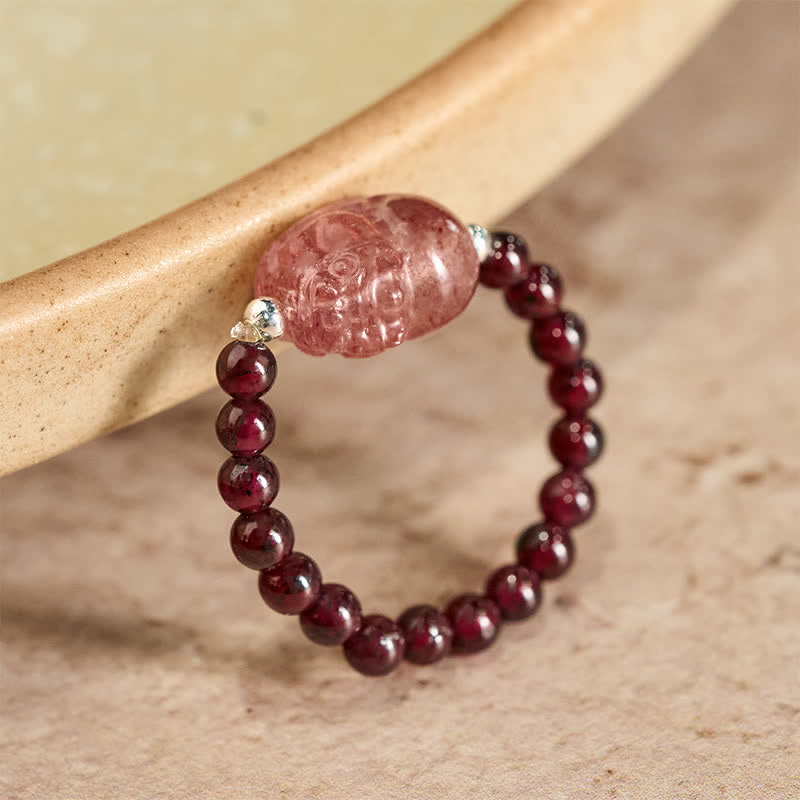 Buddha Stones 3 mm mini kralen natuurlijke maansteen toermalijn granaat parel aardbeikwarts PiXiu helende elastische Ring - Natuurlijke granaat van 52-53 mm (kleur kan variëren) - image 0