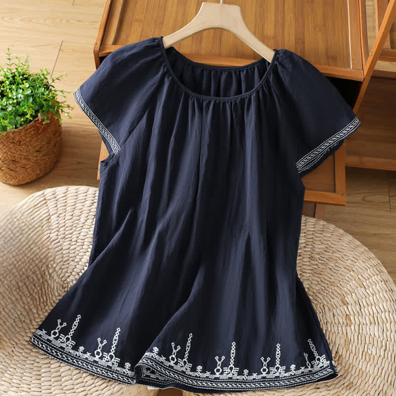 Buddha Stones Zomerse boho T-shirts met bloemenborduurwerk voor dames met Korte mouw - Middernachtblauw - US12, UK/AU16, EU44 (2XL) - image 0
