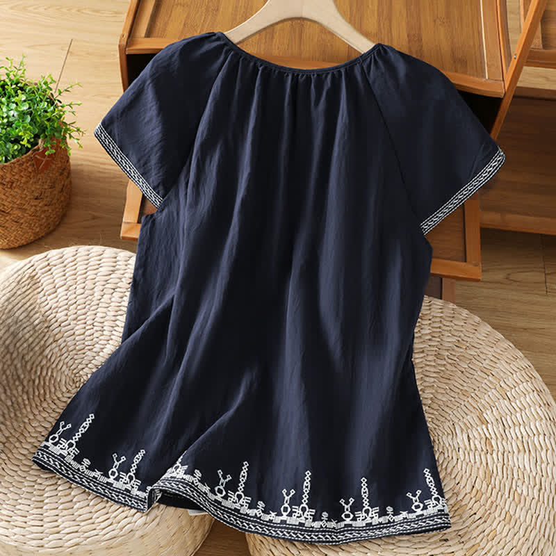 Buddha Stones Zomerse boho T-shirts met bloemenborduurwerk voor dames met Korte mouw - image 1