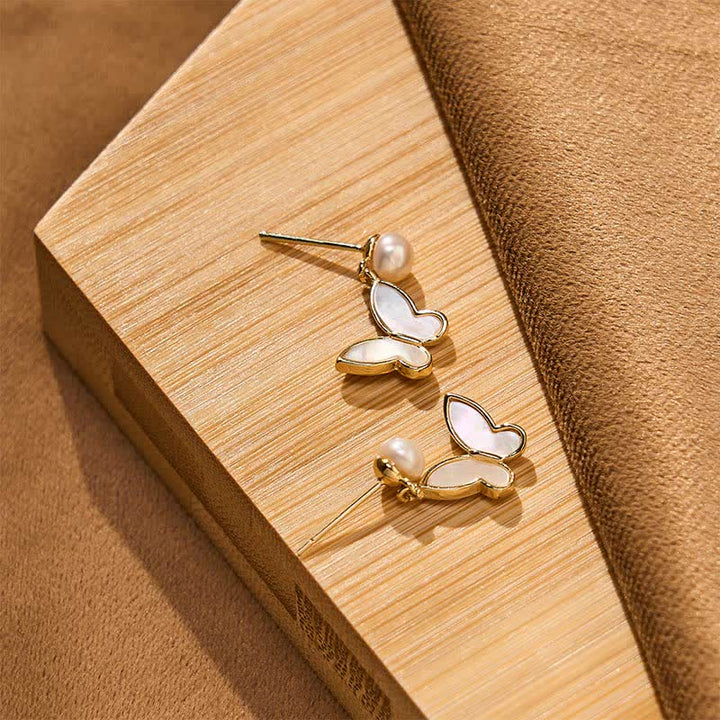 Buddha Stones Koperen Oorbellen met natuurlijke parels en vlinderdesign, symbool van optimisme - image 3