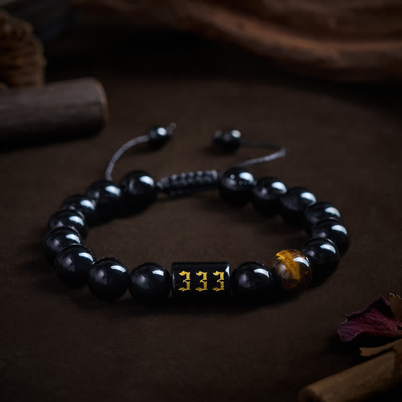Buddha Stones Engelengetal Armband van Natuurlijke Zwarte Obsidiaan en Tijgeroog voor Kracht en Vervulling - 333 (Polsomtrek 15-19 cm) - image 0