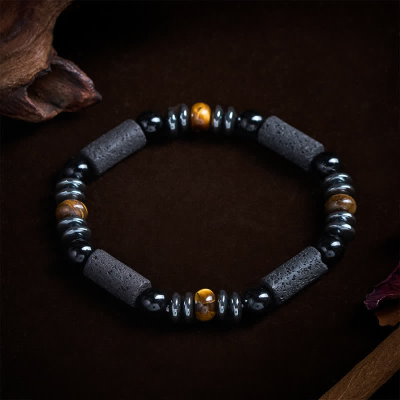 Buddha Stones Natuurlijke tijgeroog obsidiaan hematiet lavasteen krachtige Armband - image 1