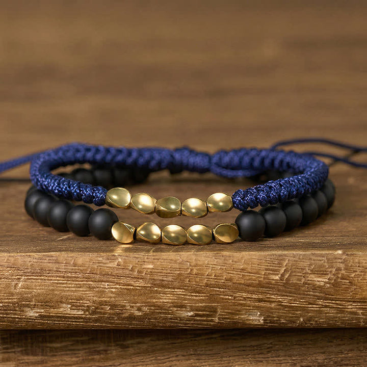 Buddha Stones 2 stuks natuurlijke, matte stenen kralen, koperen Armband - Marineblauw + Matsteen (Polsomtrek: 17-28 cm) - image 4