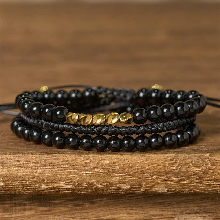 Buddha Stones 3-delige Armband met kralen van lavasteen, zwarte onyx en matte steen - Zwarte onyx (Polsomtrek: 17-28 cm) - image 7