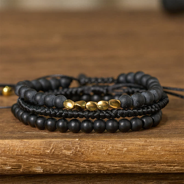 Buddha Stones 3-delige Armband met kralen van lavasteen, zwarte onyx en matte steen - Matstenen afwerking (Polsomtrek: 17-28 cm) - image 11