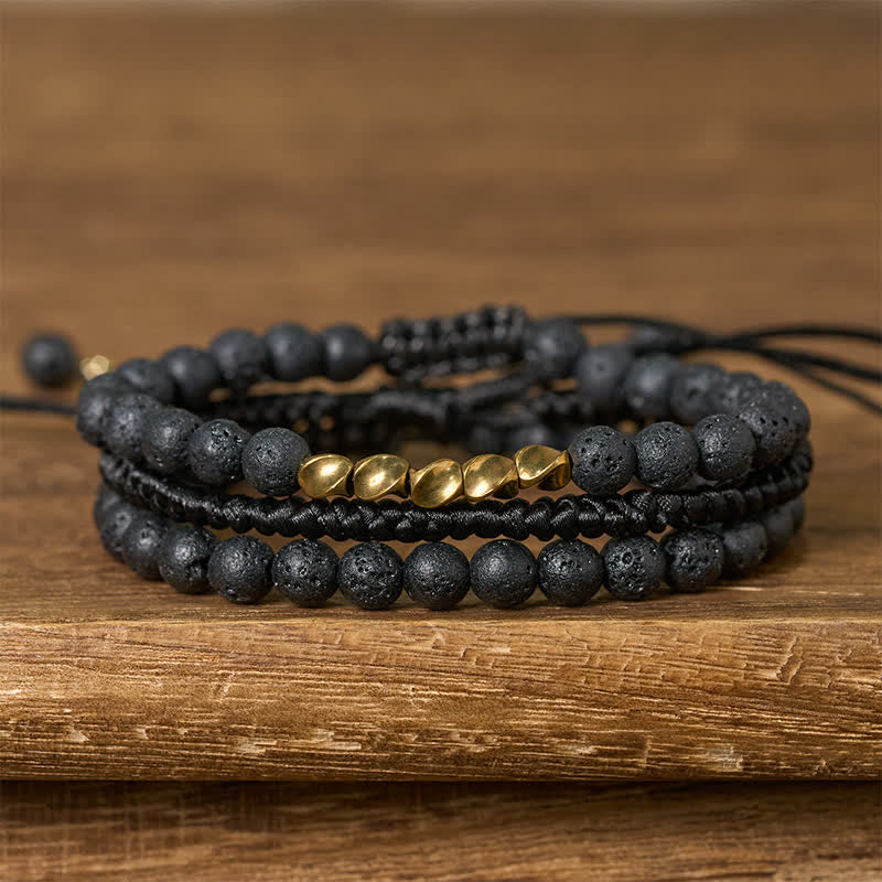 Buddha Stones 3-delige Armband met kralen van lavasteen, zwarte onyx en matte steen - Lavasteen (Polsomtrek: 17-28 cm) - image 0