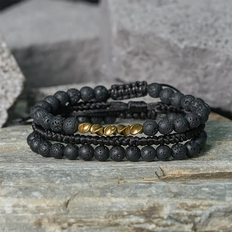 Buddha Stones 3-delige Armband met kralen van lavasteen, zwarte onyx en matte steen - image 1