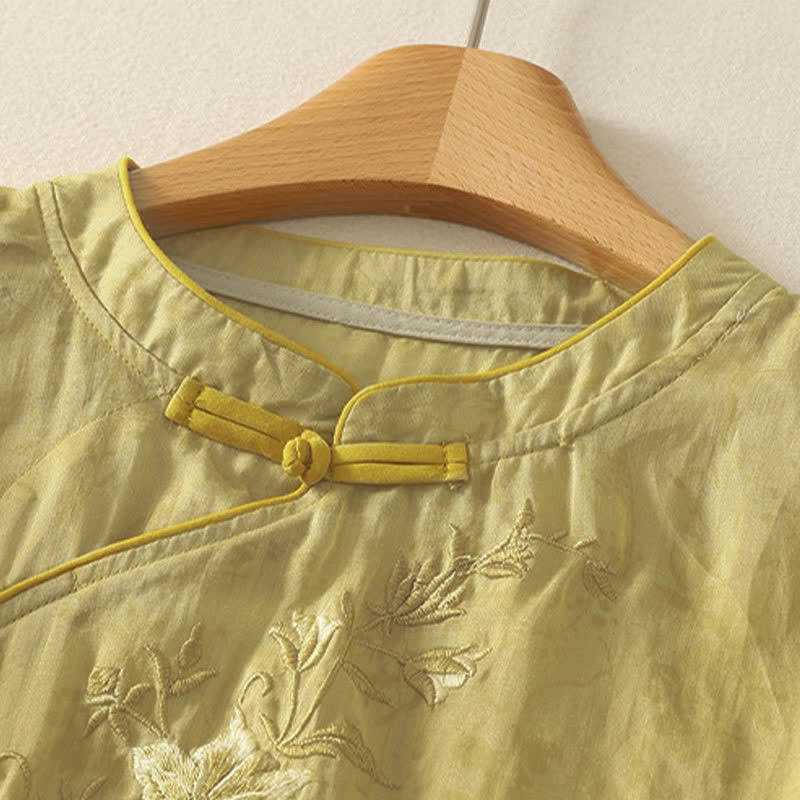 Buddha Stones Zomerse Tang-stijl geborduurde bloemen, Mandarin kraag, effen damesblouse met Korte mouw - image 1