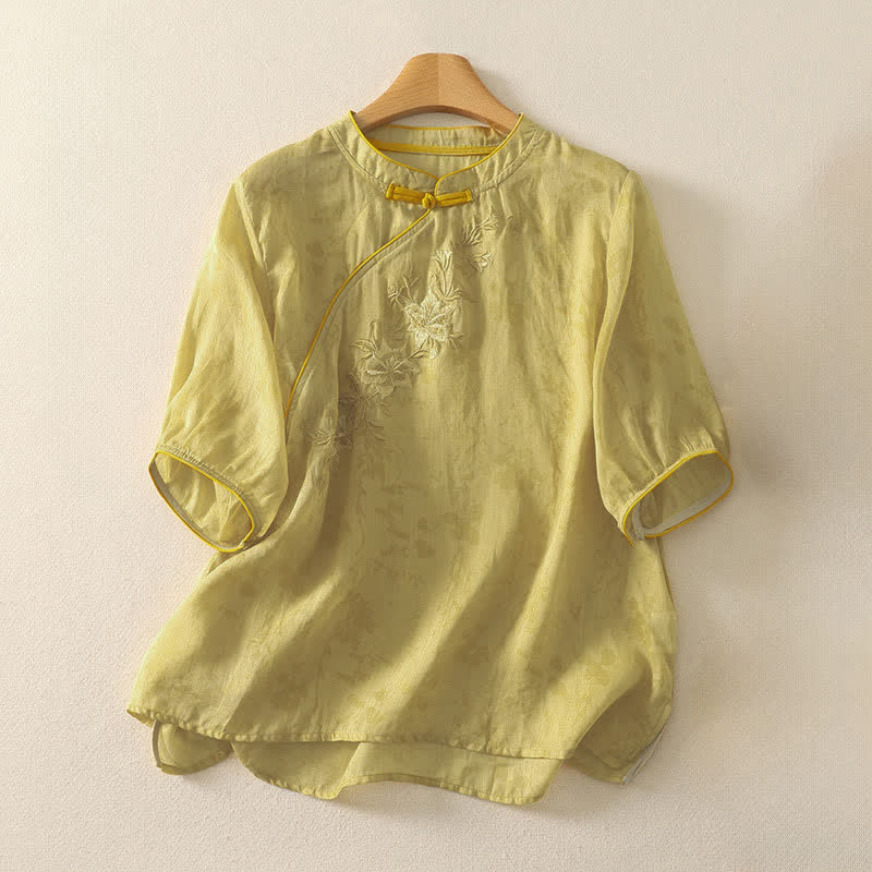 Buddha Stones Zomerse Tang-stijl geborduurde bloemen, Mandarin kraag, effen damesblouse met Korte mouw - khaki - US8-10，UK/AU12-14，EU40-42 (2XL) - image 0