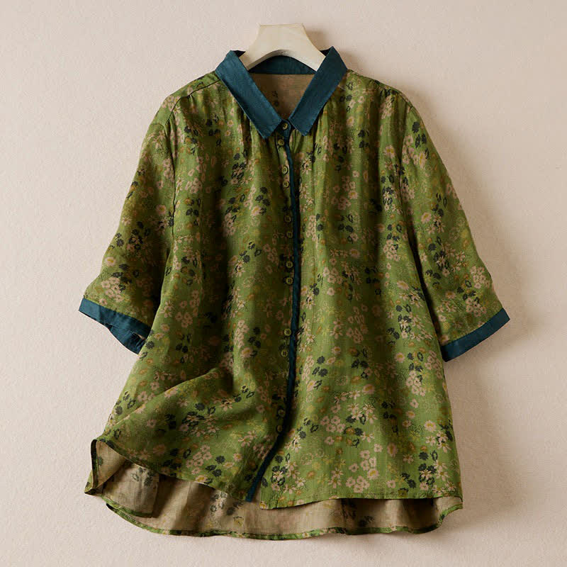 Buddha Stones Zomerse vintage Overhemden met knoopsluiting en bloemenprint voor dames met Korte mouw - Olijfgroen - US8-10，UK/AU12-14，EU40-42 (2XL) - image 0