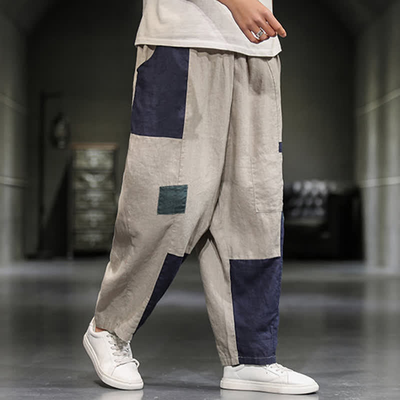 Buddha Stones Casual Cropped harembroek voor heren met kleurblokken van katoen en linnen en Zakken , geschikt voor de lente. - image 1