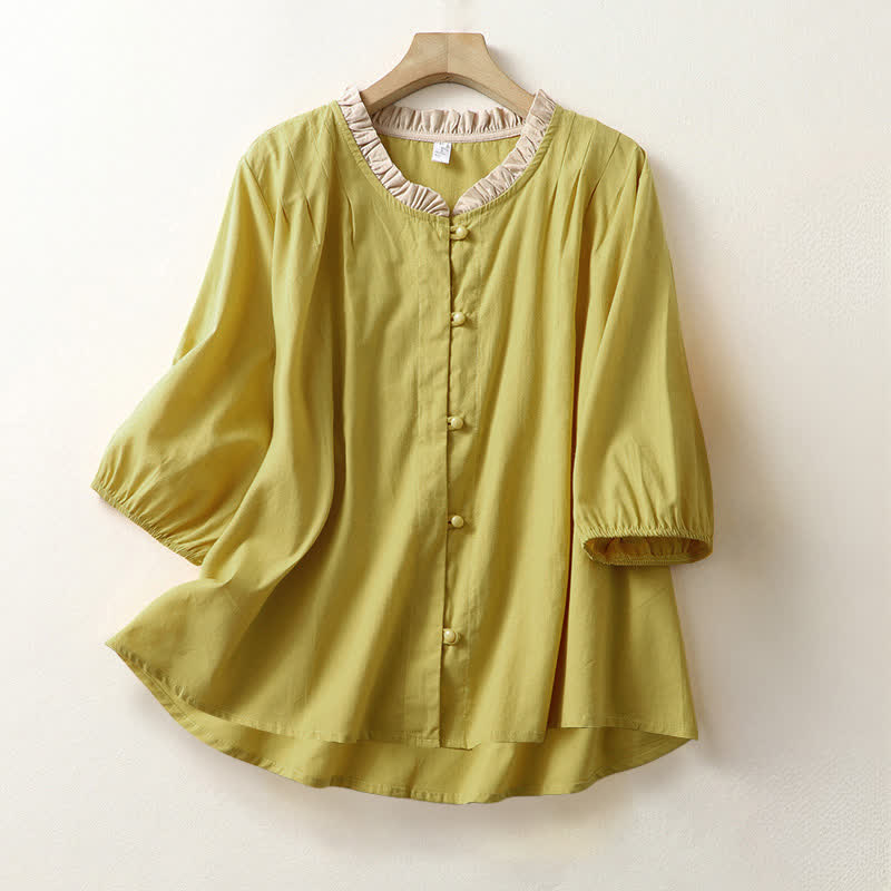 Buddha Stones Zomerse casual katoenen damesblouse met knoopsluiting en rucheskraag, Korte mouw . - Guldenroede - US8-10，UK/AU12-14，EU40-42 (2XL) - image 0