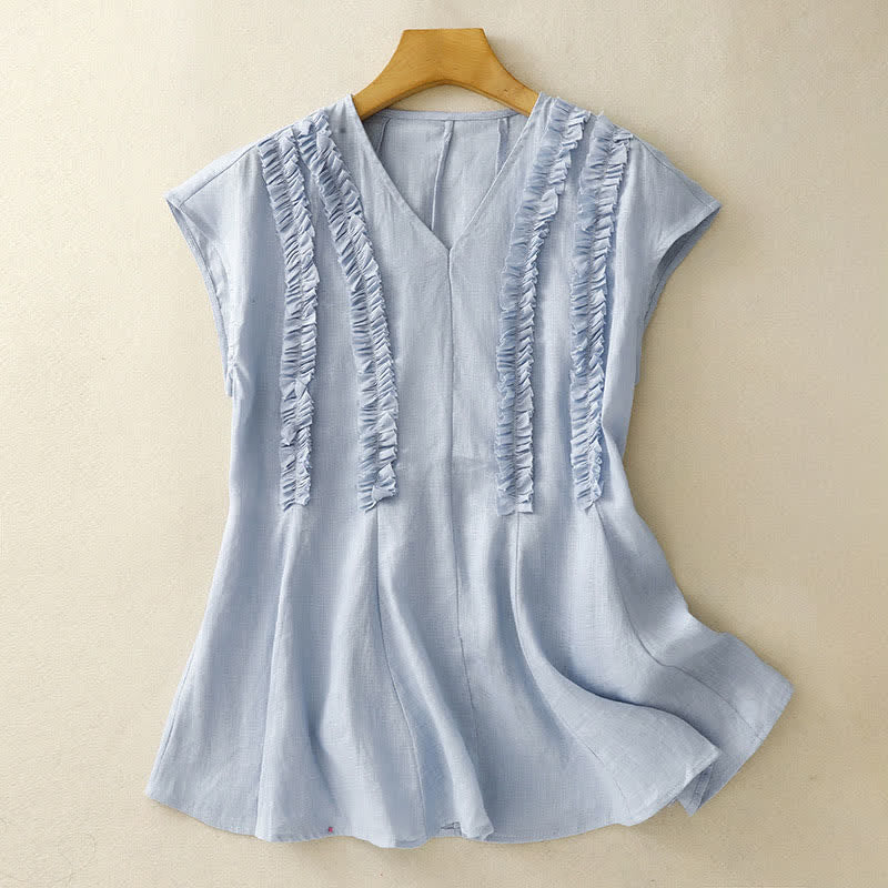 Buddha Stones Zomerse casual effen V-hals T-shirts met verticale ruches en plooien , Mouwloos, voor dames - image 0