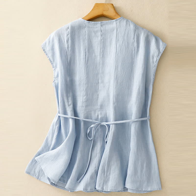 Buddha Stones Zomerse casual effen V-hals T-shirts met verticale ruches en plooien , Mouwloos, voor dames - image 1