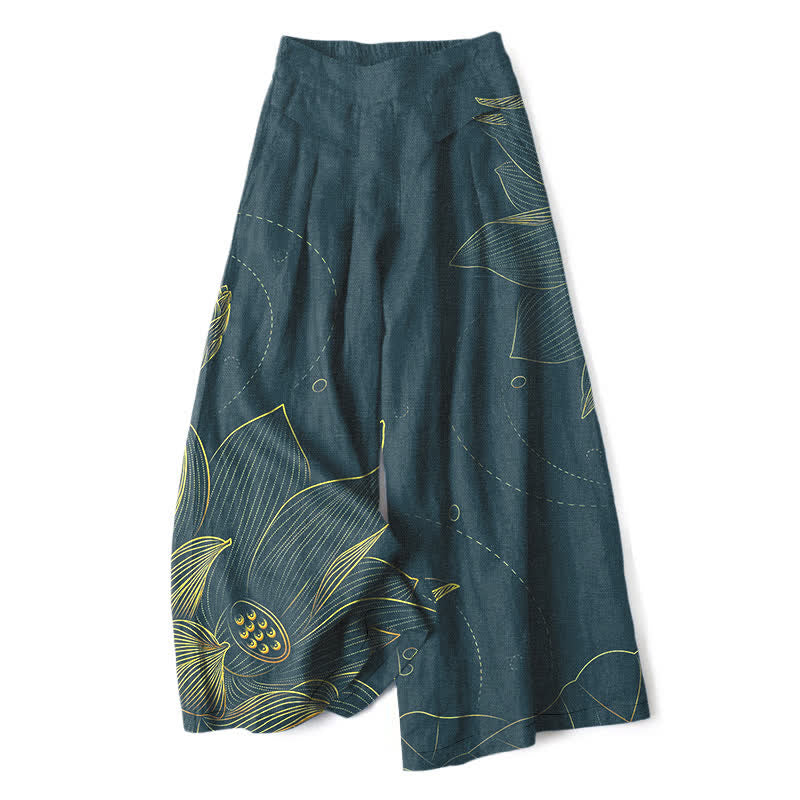 Buddha Stones Katoenen en linnen damesbroek met wijde pijpen, elastische Taille en zakken, met Zakken. - Teal - US16, UK/AU20, EU48 (3XL) - image 0