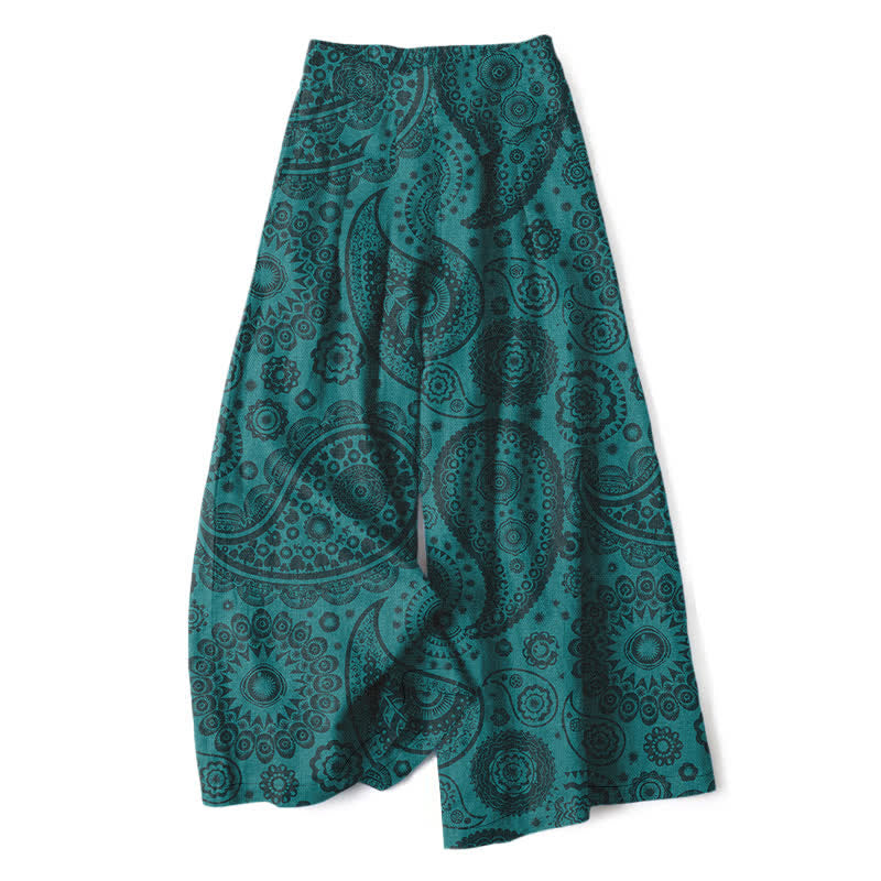 Buddha Stones Damesbroek met elastische Taille, wijde pijpen en Zakken , in bohemian paisley-patroon van katoen en linnen. - Teal - US16, UK/AU20, EU48 (3XL) - image 0