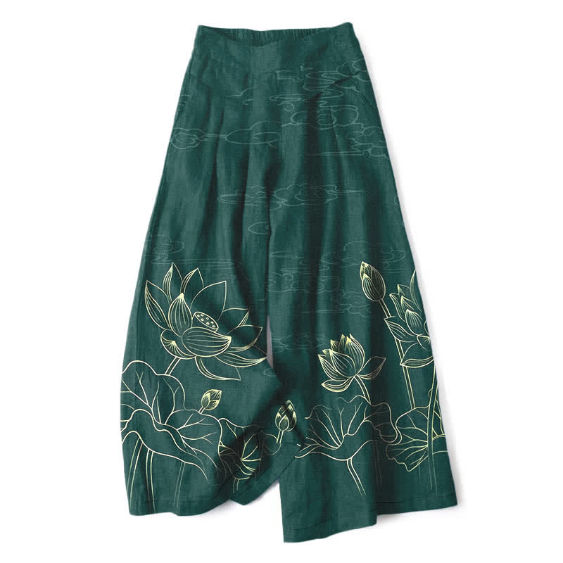 Buddha Stones Katoenen en linnen damesbroek met wijde pijpen, elastische Taille en zakken, met Zakken. - Bosgroen - US16, UK/AU20, EU48 (3XL) - image 0