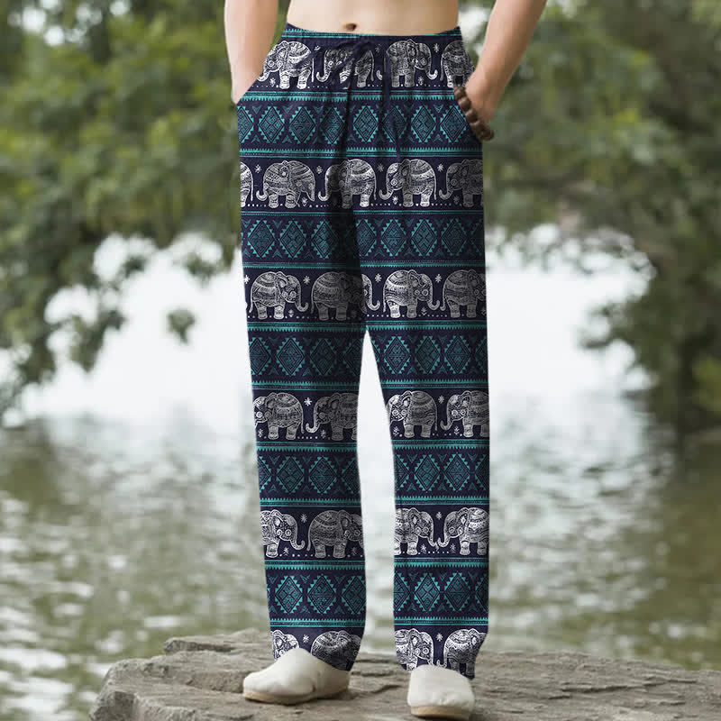 Buddha Stones Katoenen herenbroek met geometrisch streepmotief en olifantenprint, taps toelopend model en Zakken. - Marine - US/UK/AU50, EU60 (5XL) - image 0