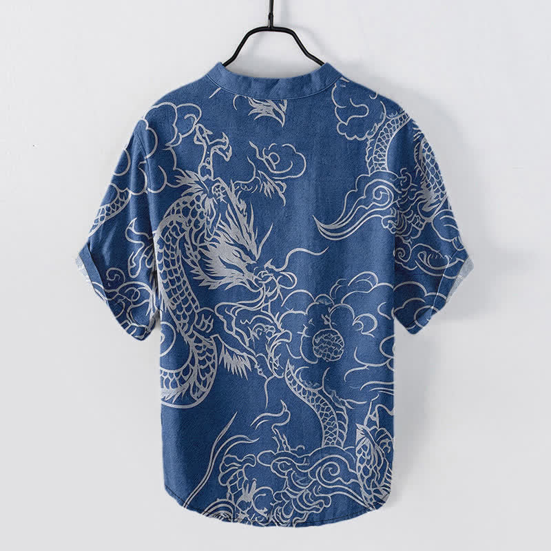 Buddha Stones Katoenen wit overhemd met draken- en wolkenpatroon voor heren, Korte mouw en halve knoopsluiting. - image 1
