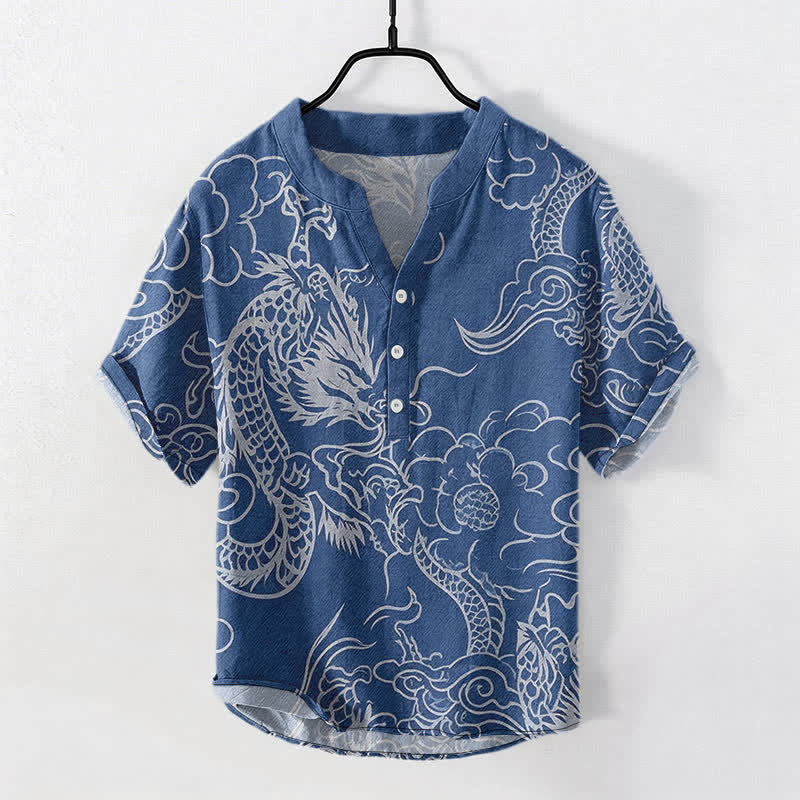 Buddha Stones Katoenen wit overhemd met draken- en wolkenpatroon voor heren, Korte mouw en halve knoopsluiting. - Staalblauw - US/UK/AU50, EU60 (5XL) - image 0