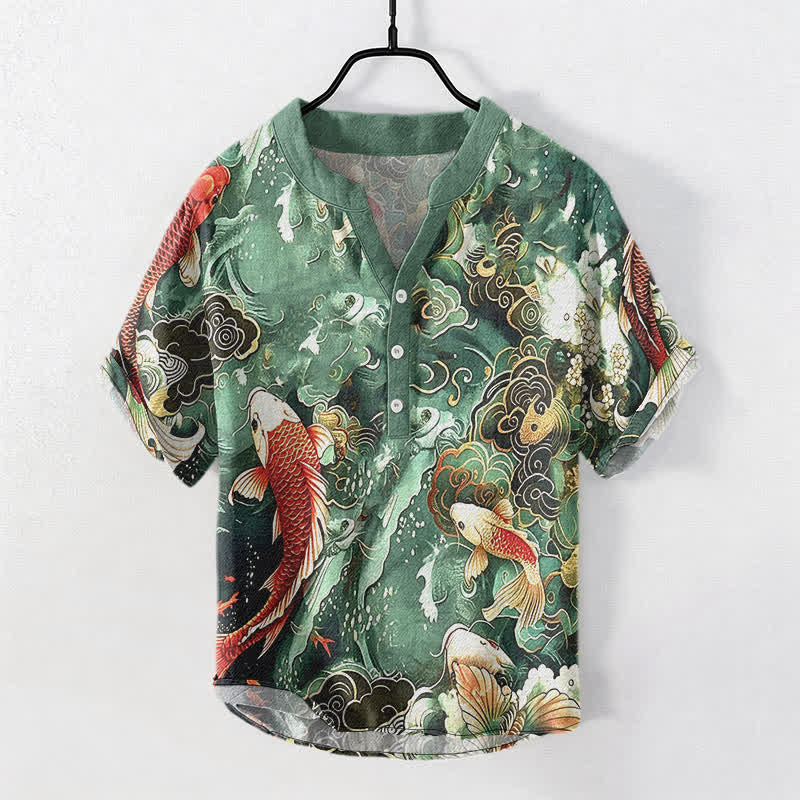 Buddha Stones Katoenen herenoverhemd met Korte mouw en halflange knoopsluiting, met koi-vis golfpatroon. - Middelzeegroen - US/UK/AU50, EU60 (5XL) - image 0