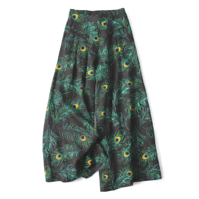 Buddha Stones Damesbroek met elastische Taille en wijde pijpen, gemaakt van katoen-linnen met pauwenverenpatroon en Zakken. - Zwart - US16, UK/AU20, EU48 (3XL) - image 0