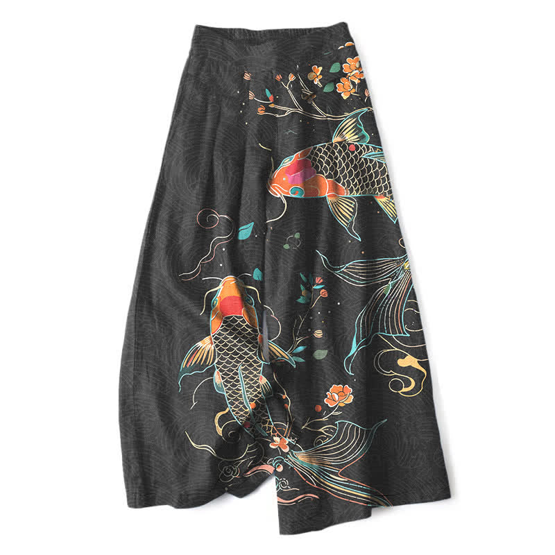 Buddha Stones Katoenen linnen damesbroek met elastische Taille , wijde pijpen en zakken, met Zakken en bloemenprint. - Zwart - US16, UK/AU20, EU48 (3XL) - image 0