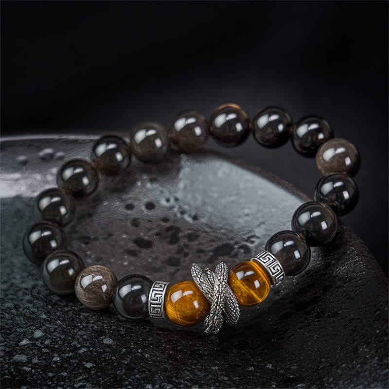 Buddha Stones Armband met succeskralen van obsidiaan met natuurlijke zilverglans en rode tijgeroogkralen - image 1