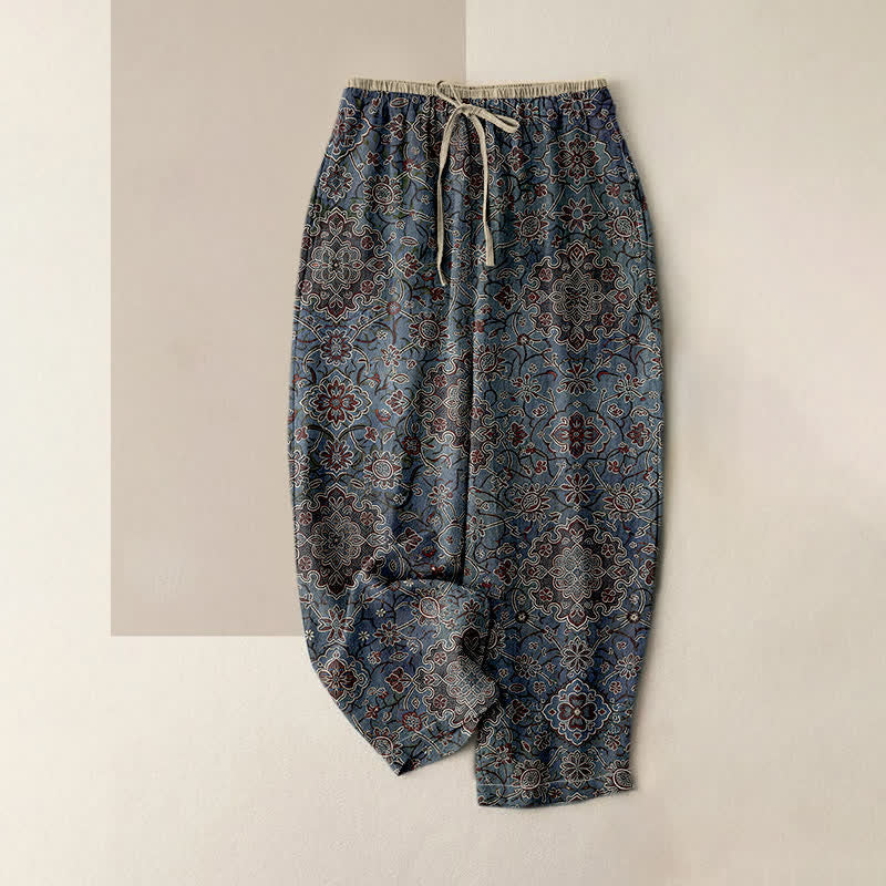 Buddha Stones Damesbroek van 100% Cotton met bohemian bloemenprint, elastische Taille en Zakken. - Staalblauw - US16, UK/AU20, EU48 (3XL) - image 0