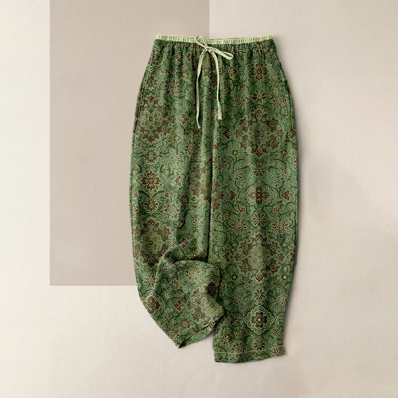 Buddha Stones Damesbroek van 100% Cotton met bohemian bloemenprint, elastische Taille en Zakken. - Olijfgroen - US16, UK/AU20, EU48 (3XL) - image 3