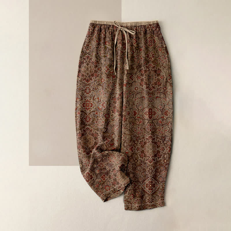 Buddha Stones Damesbroek van 100% Cotton met bohemian bloemenprint, elastische Taille en Zakken. - Zadelbruin - US16, UK/AU20, EU48 (3XL) - image 4