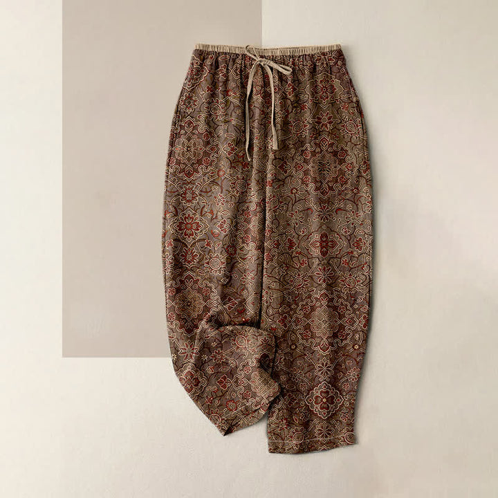 Buddha Stones Damesbroek van 100% Cotton met bohemian bloemenprint, elastische Taille en Zakken. - Zadelbruin - US16, UK/AU20, EU48 (3XL) - image 4