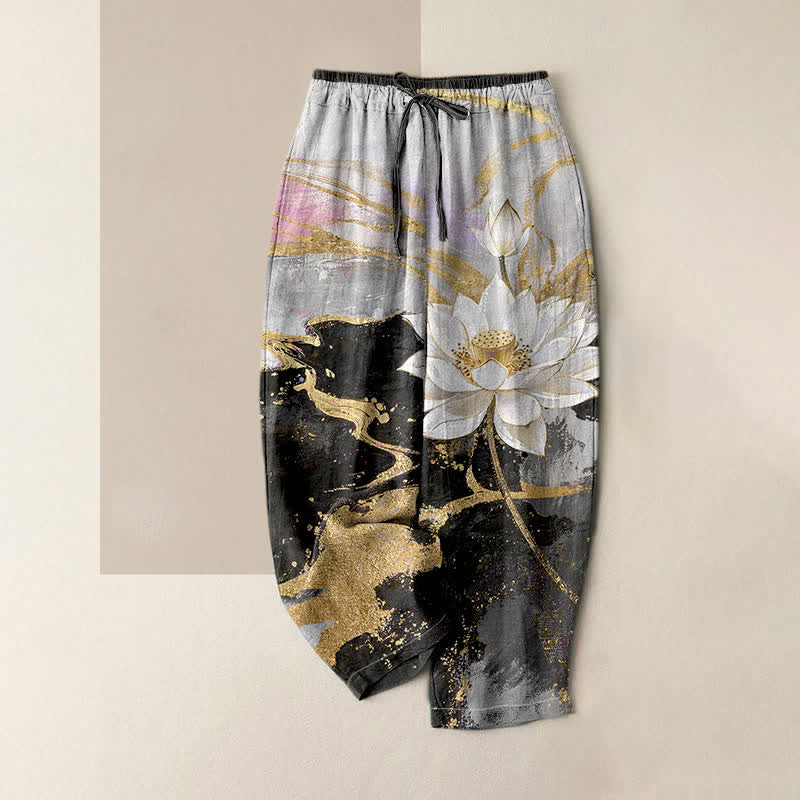 Buddha Stones Damesbroek van 100% Cotton katoen met lotusbloemmotief, elastische Taille en Zakken. - Zwart - US16, UK/AU20, EU48 (3XL) - image 0