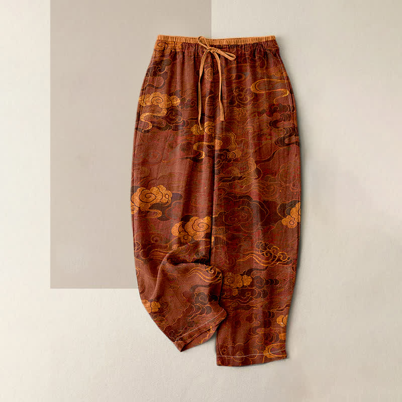 Buddha Stones Damesbroek van 100% Cotton met oosters wolkenpatroon, elastische Taille en Zakken. - Kastanjebruin - US16, UK/AU20, EU48 (3XL) - image 0