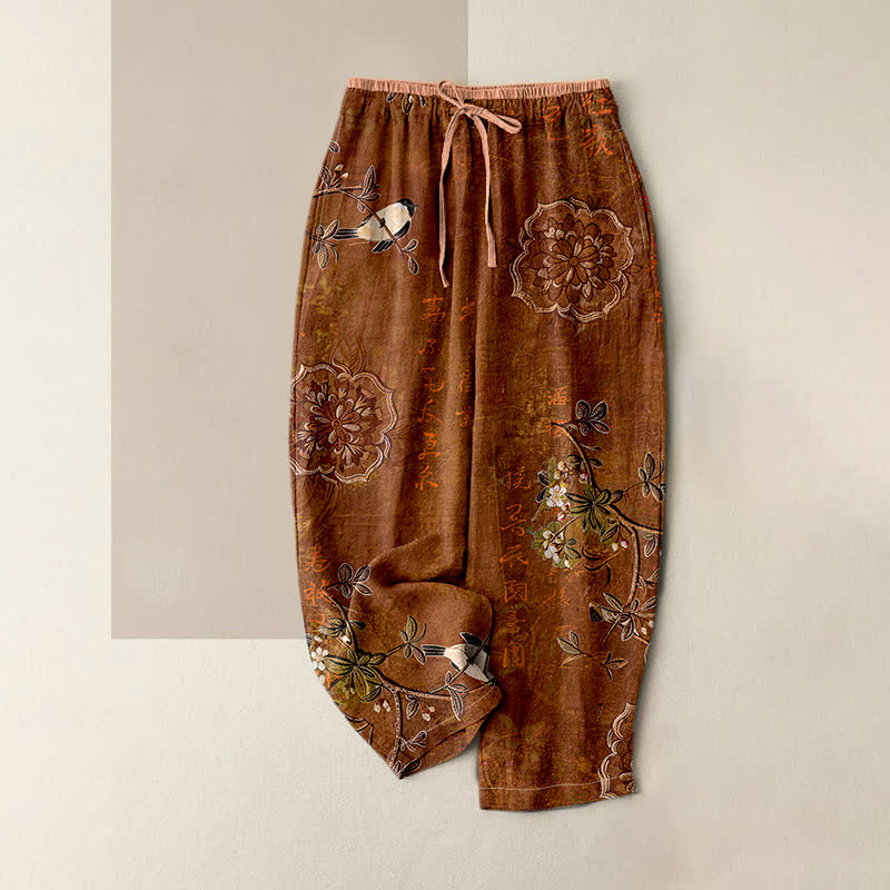 Buddha Stones Damesbroek van 100% Cotton met bohemian bloemen- en vogelprint, elastische Taille en Zakken. - Zadelbruin - US16, UK/AU20, EU48 (3XL) - image 0