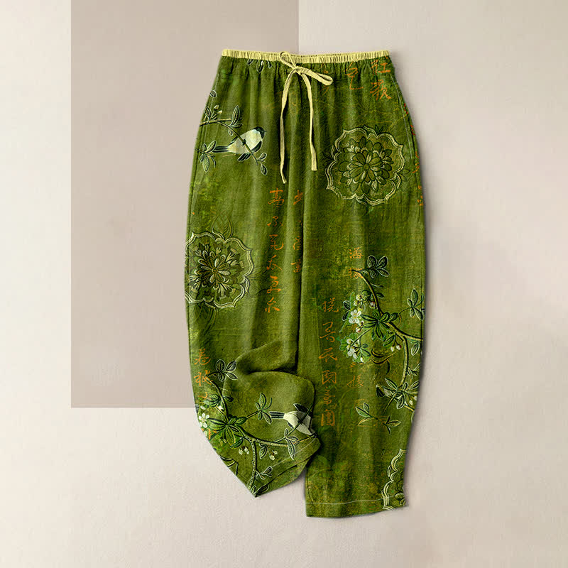 Buddha Stones Damesbroek van 100% Cotton met bohemian bloemen- en vogelprint, elastische Taille en Zakken. - Olijf - US16, UK/AU20, EU48 (3XL) - image 3