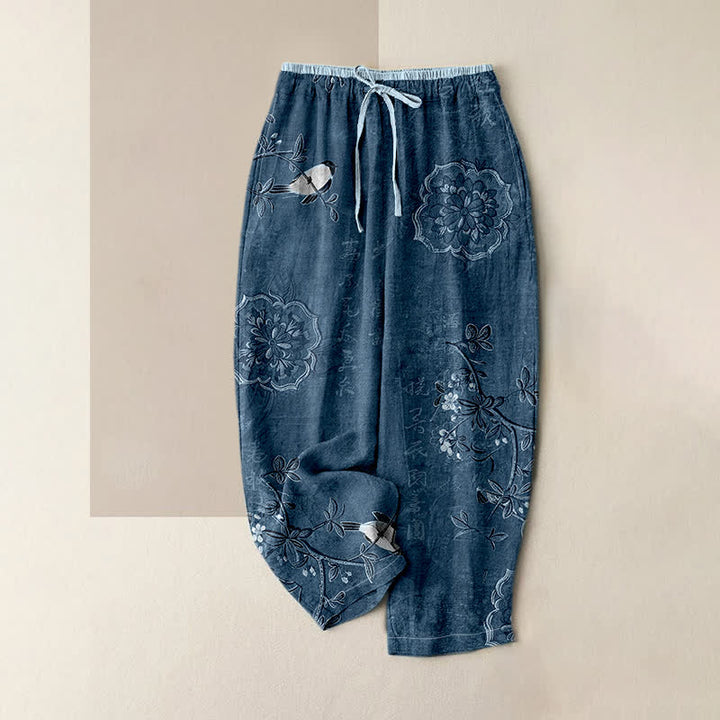 Buddha Stones Damesbroek van 100% Cotton met bohemian bloemen- en vogelprint, elastische Taille en Zakken. - Staalblauw - US16, UK/AU20, EU48 (3XL) - image 4