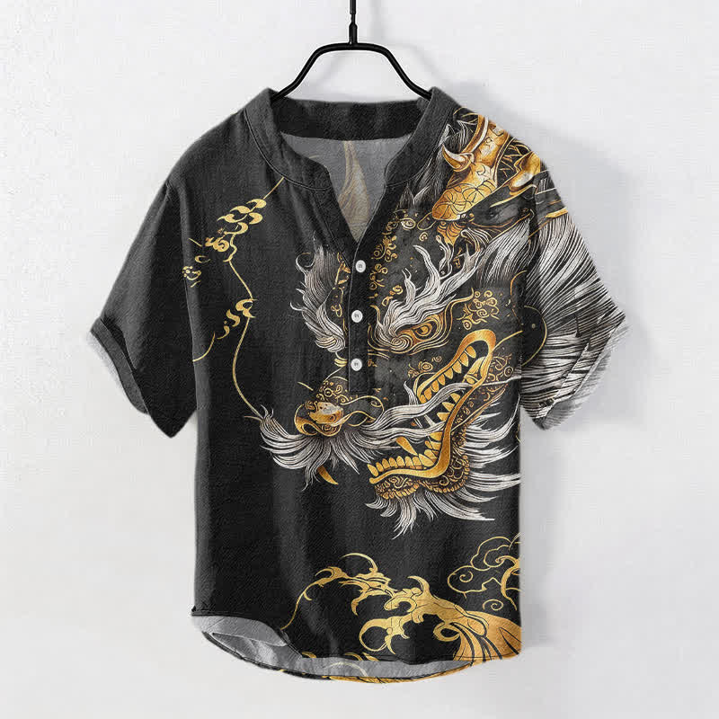 Buddha Stones Katoenen herenoverhemd met gouden drakenpatroon, Korte mouw en halve knoopsluiting. - Zwart - US/UK/AU50, EU60 (5XL) - image 0