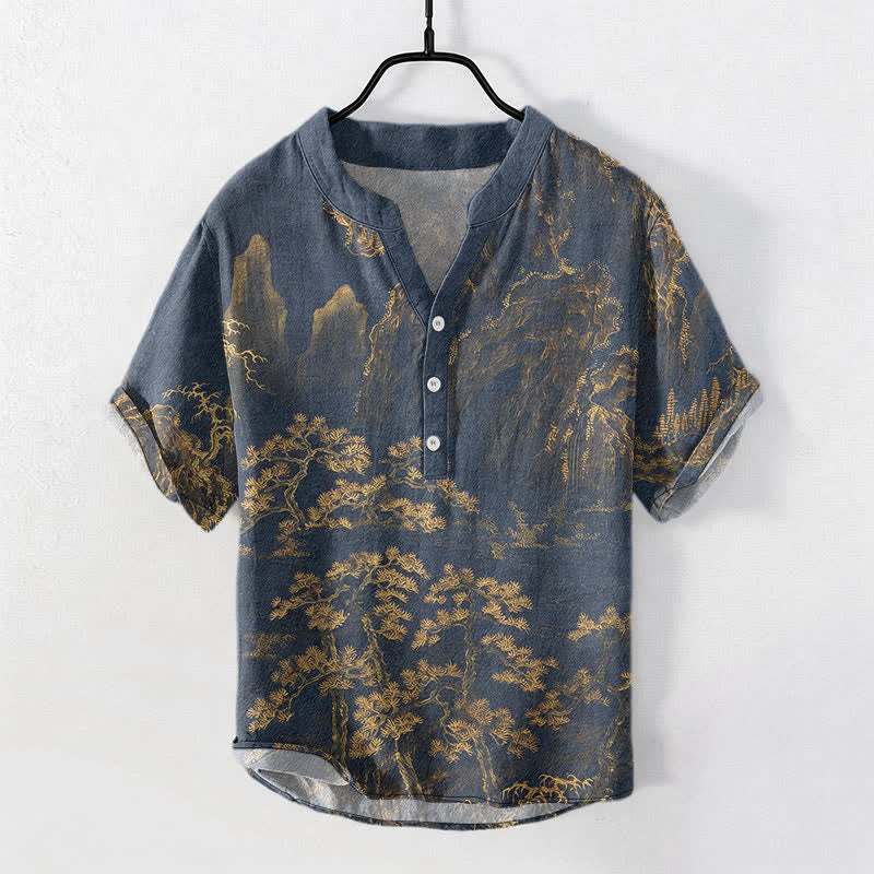 Buddha Stones Katoenen herenoverhemd met gouden dennenpatroon en Korte mouw en halve knoopsluiting. - Guldenroede - US/UK/AU50, EU60 (5XL) - image 0