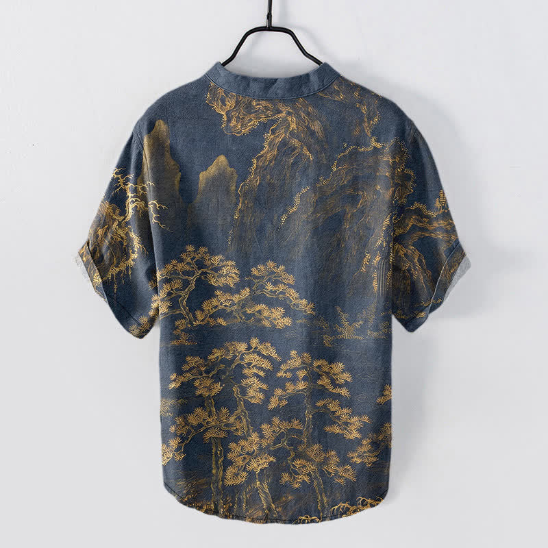 Buddha Stones Katoenen herenoverhemd met gouden dennenpatroon en Korte mouw en halve knoopsluiting. - image 1