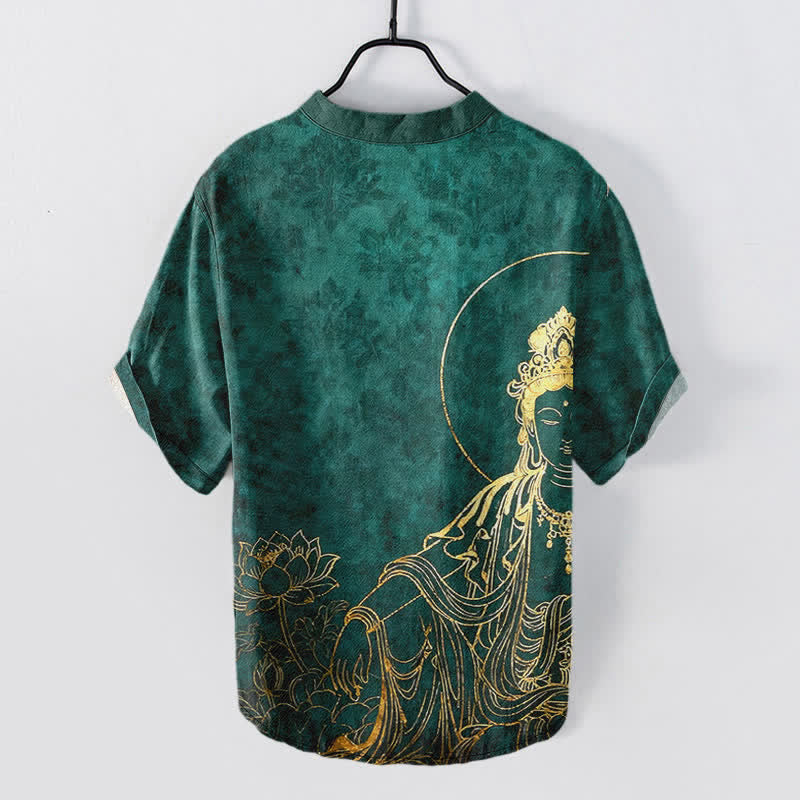 Buddha Stones Katoenen herenoverhemd met gouden Boeddha- en lotuspatroon, Korte mouw en halve knoopsluiting. - image 1
