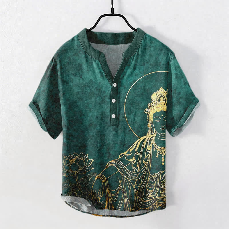 Buddha Stones Katoenen herenoverhemd met gouden Boeddha- en lotuspatroon, Korte mouw en halve knoopsluiting. - Zeegroen - US/UK/AU50, EU60 (5XL) - image 0