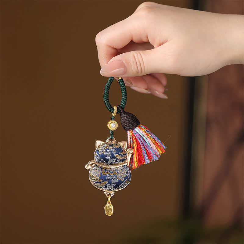 Buddha Stones Song-brocade Lucky Cat Wealth Tassel String Keychain - Donkerblauw - image 4