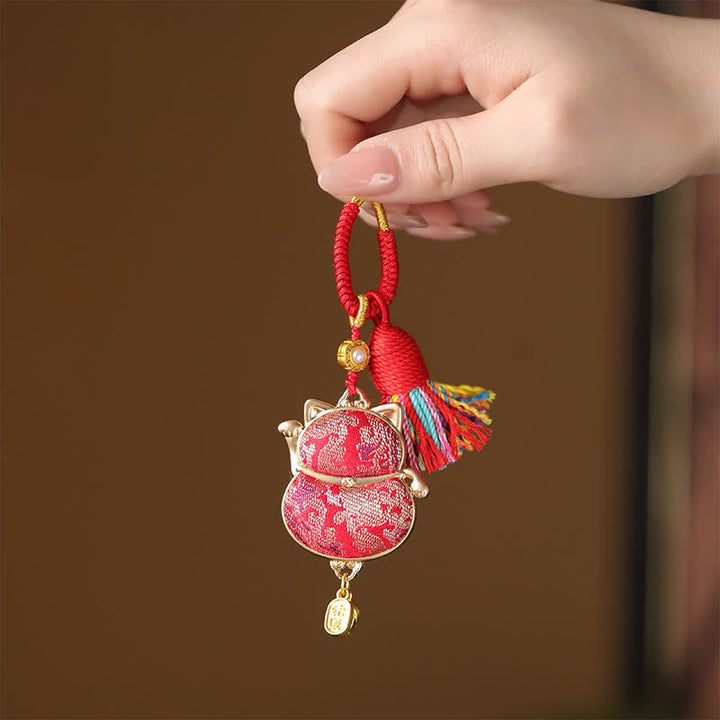 Buddha Stones Song-brocade Lucky Cat Wealth Tassel String Keychain - Rood - image 0