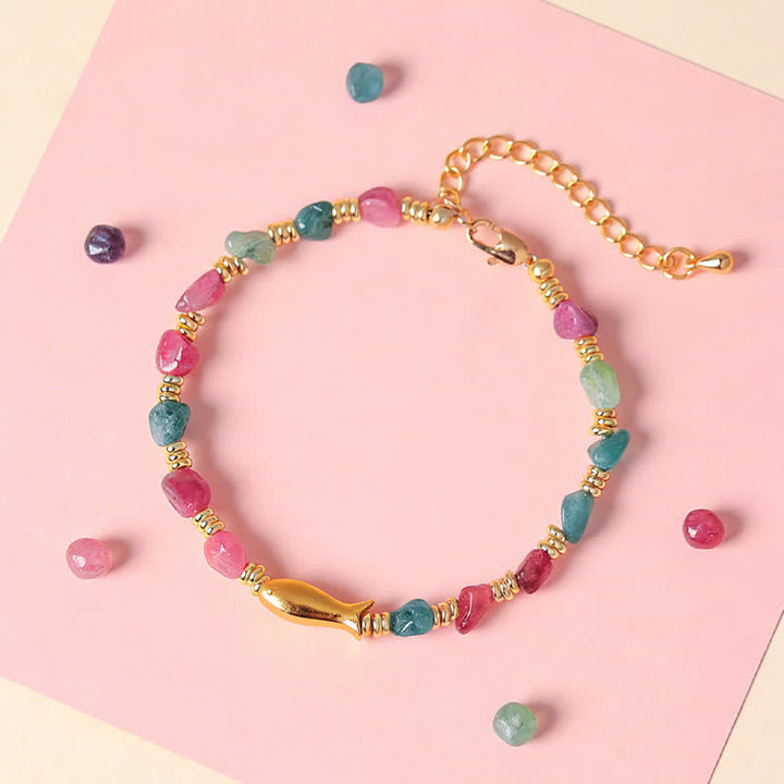 Buddha Stones Regenboog Toermalijn Koi Vis Positieve Ruw Geslepen Armband - image 1