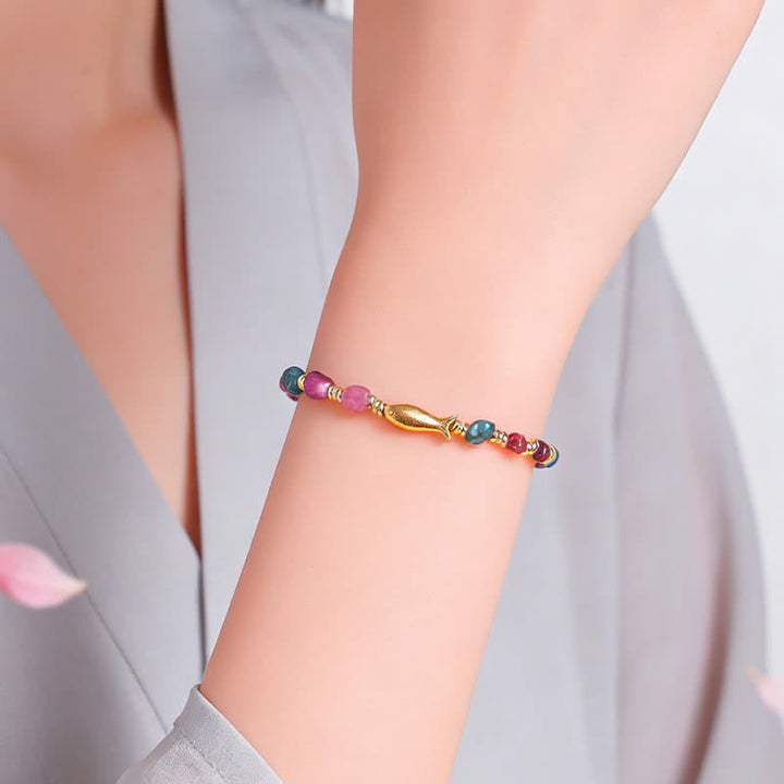 Buddha Stones Regenboog Toermalijn Koi Vis Positieve Ruw Geslepen Armband - image 8