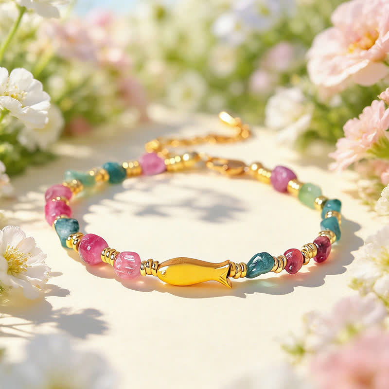 Buddha Stones Regenboog Toermalijn Koi Vis Positieve Ruw Geslepen Armband - image 3