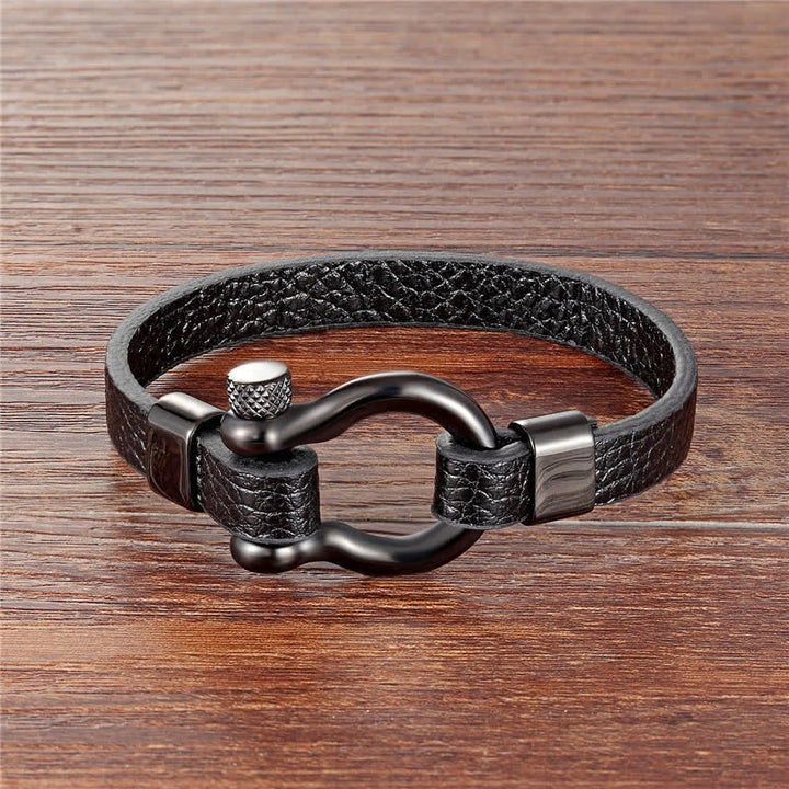 Buddha Stones Leren Armband met titanium stalen sluiting voor extra stevigheid - Zwart leer, zwarte gesp (Polsomtrek: 18-19 cm) - image 0