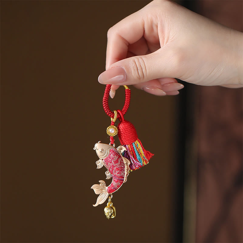 Buddha Stones Sleutelhanger met Song Brocade Koi-vis en symbool voor voorspoed - Rood - image 0