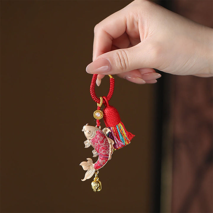Buddha Stones Sleutelhanger met Song Brocade Koi-vis en symbool voor voorspoed - Rood - image 0